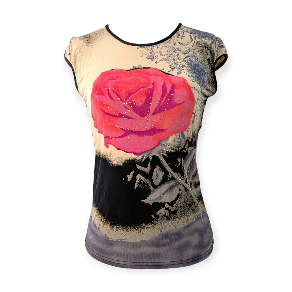 Y2K Cap Sleeve Rose Graphic Baby Tee Shirt Small